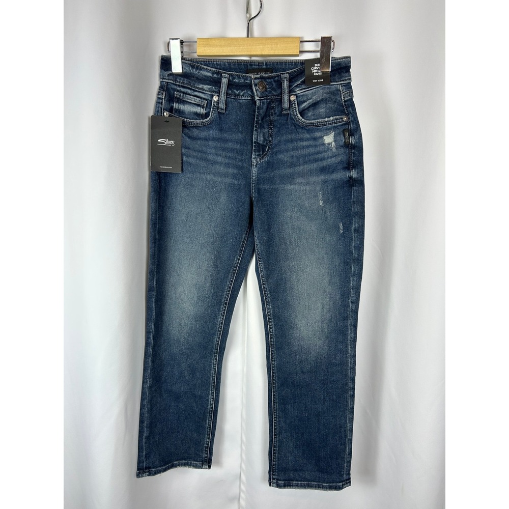 Silver Jeans Suki Curvy Mid Rise Capri Indigo Blue Distressed Denim 27 NEW